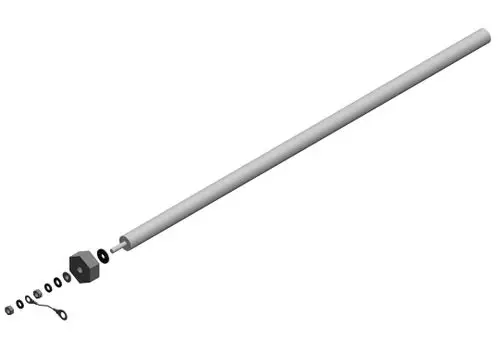 Bosch-Anode in gerader, länglicher Form mit mehreren Unterlegscheiben und einer kleinen Schraube, die neben einer sechseckigen Mutter liegt.